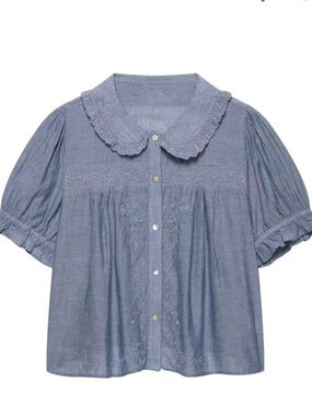 Zara Light Blue Embroidered Peter Pan Collar Blouse